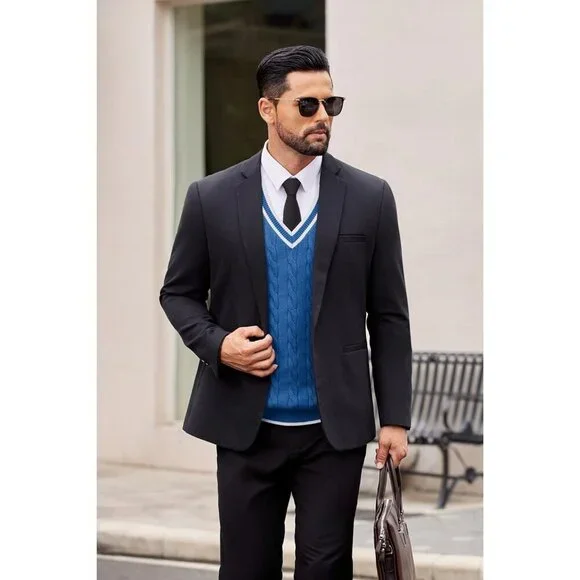 Coofandy Men Blue Fitted V Neck Sleeveless Knitted Pullovers Sweater Vest